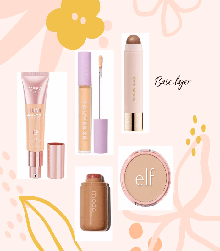 A flat lay of three makeup products on a floral pink background—LOréal stick, Urban Decay All Nighter spray, and Dior lip gloss—offers inspiration for a sun-kissed makeup look with Base layer written in cursive.