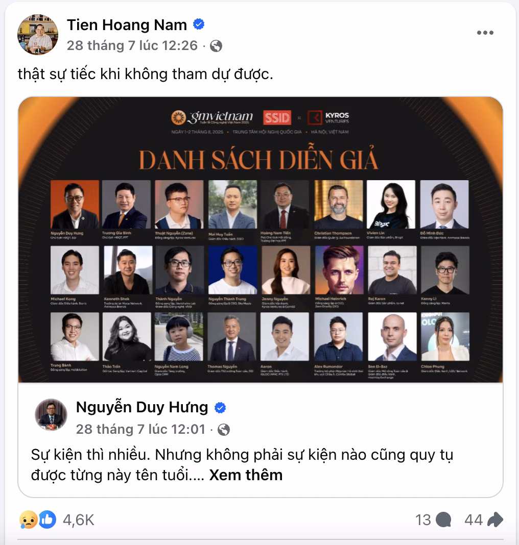 Tưởng niệm cố Chủ tịch FPT Software Hoàng Nam Tiến trong sự kiện blockchain Doanh nhân Hoàng Nam Tiến từng chia sẻ về sự kiện và bày tỏ sự tiếc nuối khi không tham gia được (Ảnh chụp màn hình)