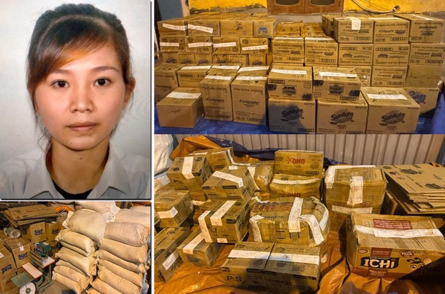 Đối tượng Trịnh Thị Liên cùng số hàng giả bị Công an huyện Như Xuân thu giữ