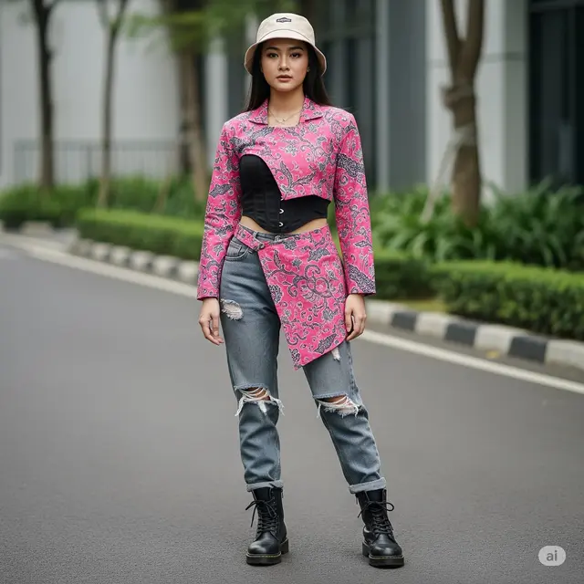 Gaya Mix & Match Blazer Crop Top Batik Pink Pastel. Foto: Gemini