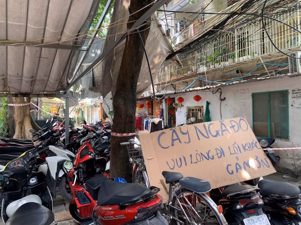 Cây gòn nghiêng gốc đe dọa hàng chục hộ dân ở TPHCM Người dân giăng dây, đặt bảng cảnh báo để tránh nguy hiểm. Ảnh: Thái Bảo