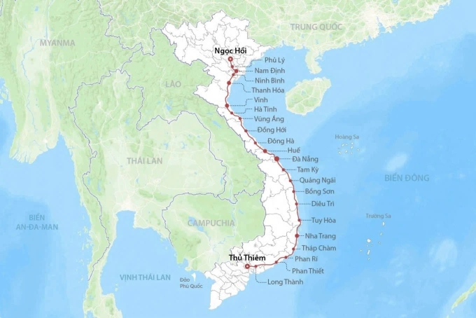 Lâm Đồng và Gia Lai xây 48 khu tái định cư cho dân bị ảnh hưởng đường sắt tốc độ cao Bắc Nam Dự kiến hướng tuyến và 23 ga hành khách của đường sắt tốc độ cao Bắc Nam. Đồ họa: Đăng Hiếu