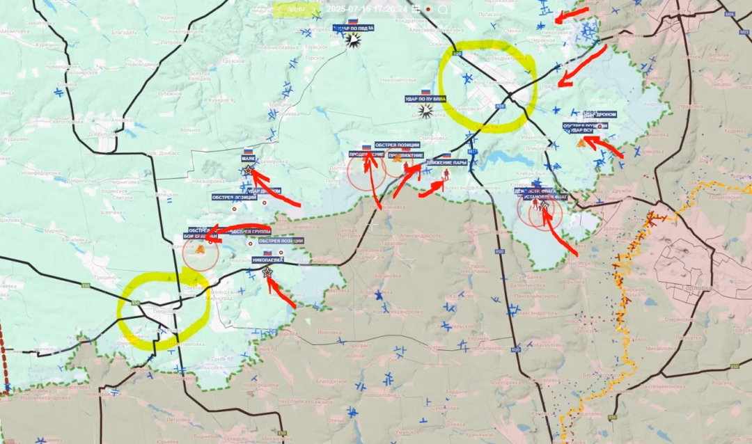 Nga phá vỡ phòng tuyến Ukraine ở chiến trường miền Nam Donetsk Bản đồ chiến sự Nga - Ukraine tại Pokrovsk và Konstantinovka ngày 15/7. Trong đó, Moscow kiểm soát phần màu nâu, đang tấn công theo các mũi tên đỏ và hình thành 2 "vạc dầu" là các vòng tròn màu vàng (Ảnh: Geroman).