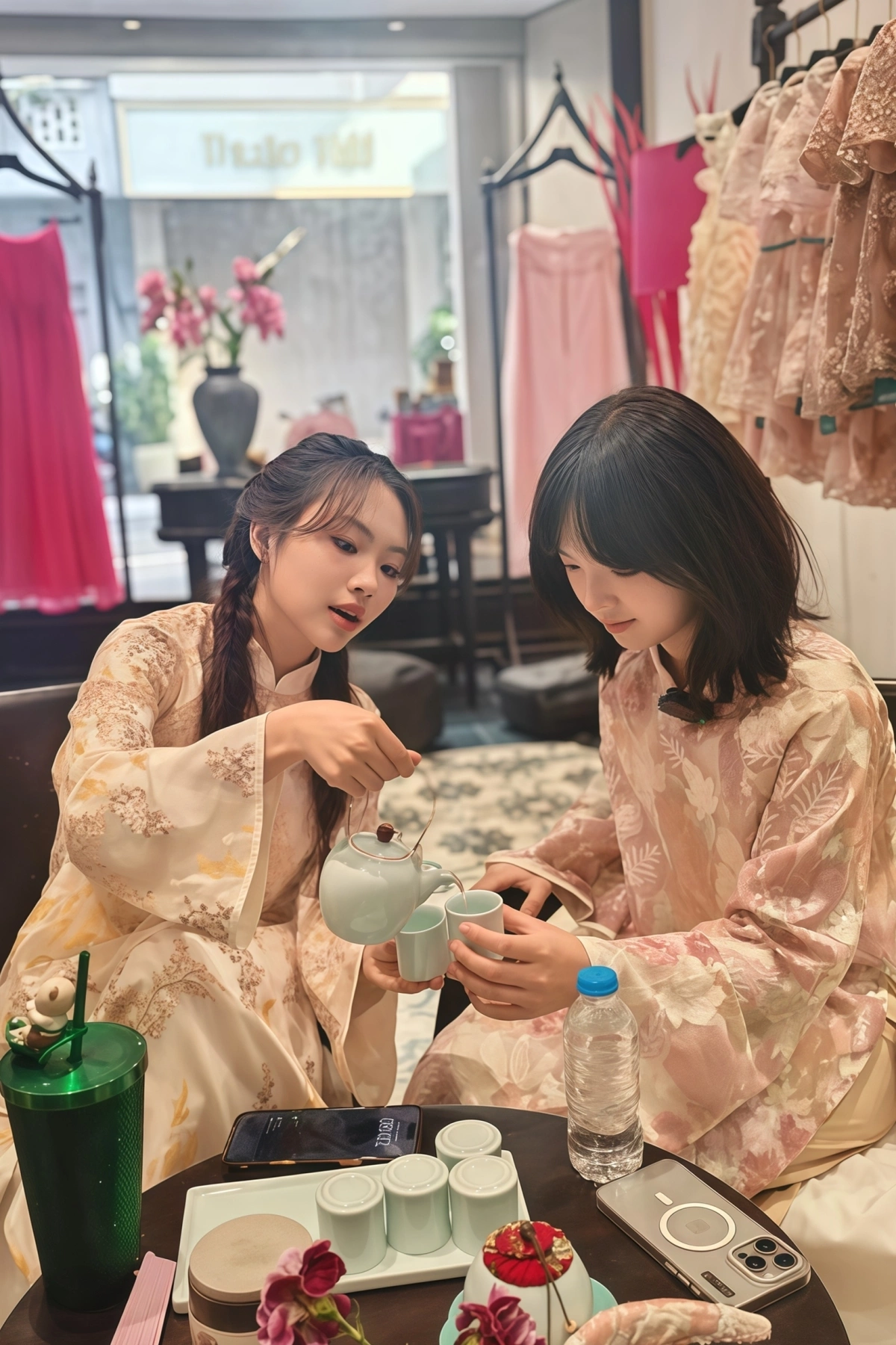Phương Mỹ Chi đón tiếp nồng nhiệt ca sĩ Trung Quốc Khả Lâu tại Việt Nam Bộ đôi cùng thử áo dài, uống trà thư giãn.