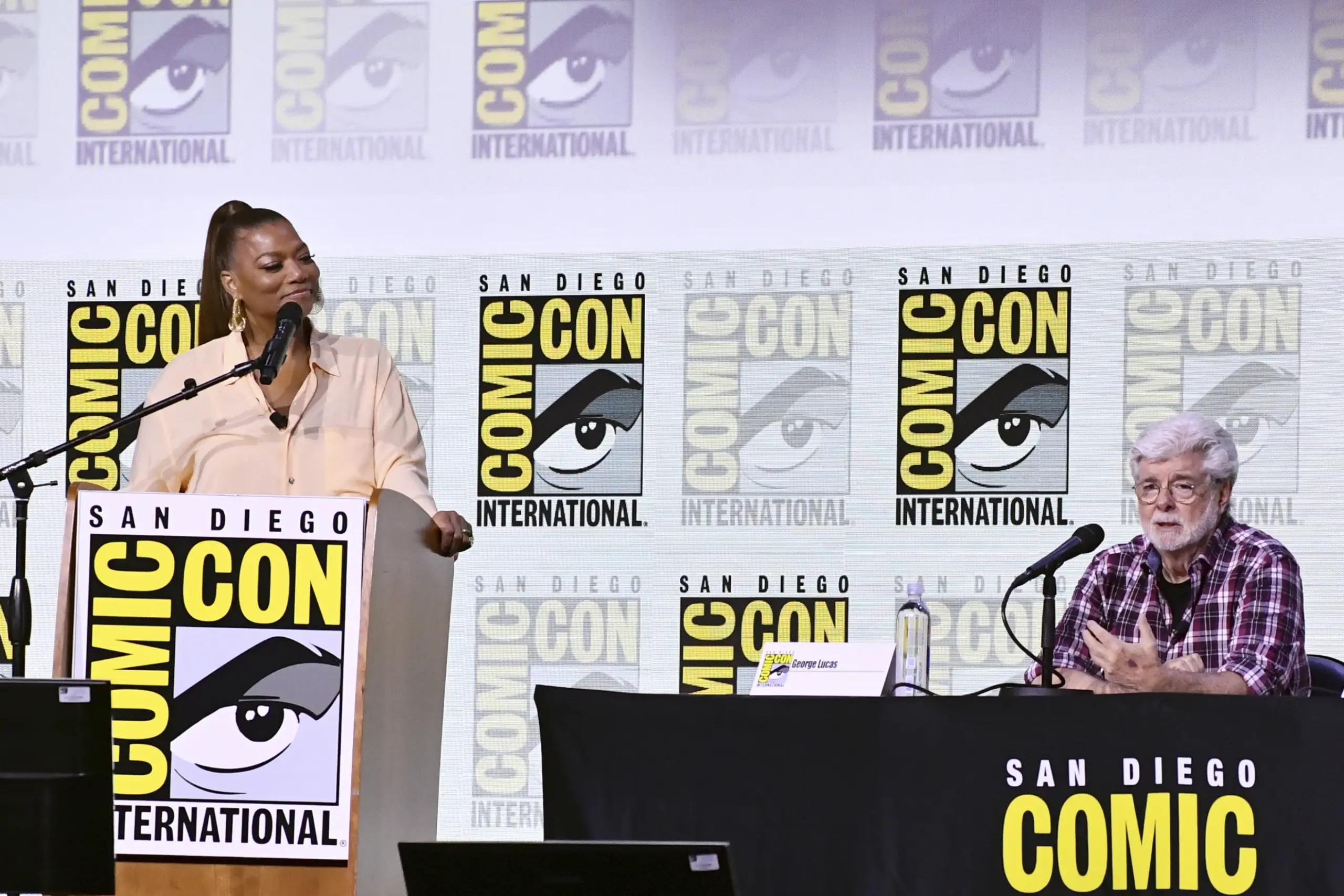 Queen Latifah, left, and George Lucas attend a panel for the Lucas Museum of Narrative Art during Comic-Con International on Sunday, July 27, 2025, in San Diego. (Photo by Richard Shotwell/Invision/AP)