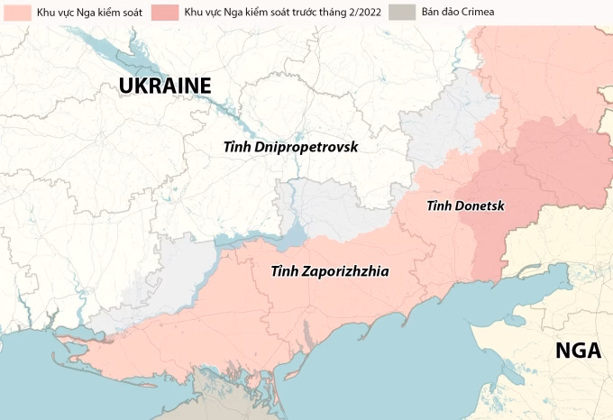 Nga kiểm soát làng then chốt ở Ukraine, tiến gần thành phố lớn thứ hai Các tỉnh Dnipropetrovsk, Donetsk và Zaporizhzhia. Đồ họa: RYV