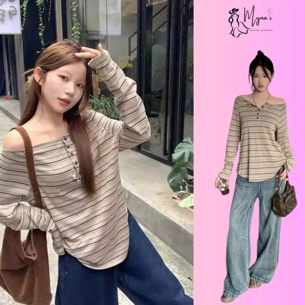 Mặc áo thun dài tay sọc trễ vai thế nào để không bị “dừ” mà vẫn cực kỳ thời trang?