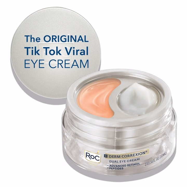 3 sản phẩm skincare ‘hot’ giúp điều trị mụn, dưỡng da mịn màng ROC Derm Correxion eye cream with dual sections for two formulas, labeled as TikTok viral