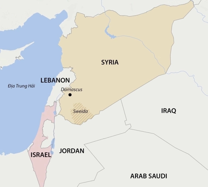 Mỹ, Thổ Nhĩ Kỳ và Arab phản đối can thiệp nội bộ Syria trong khi Israel không kích Vị trí Israel, Syria và tỉnh Sweida. Đồ họa: WP