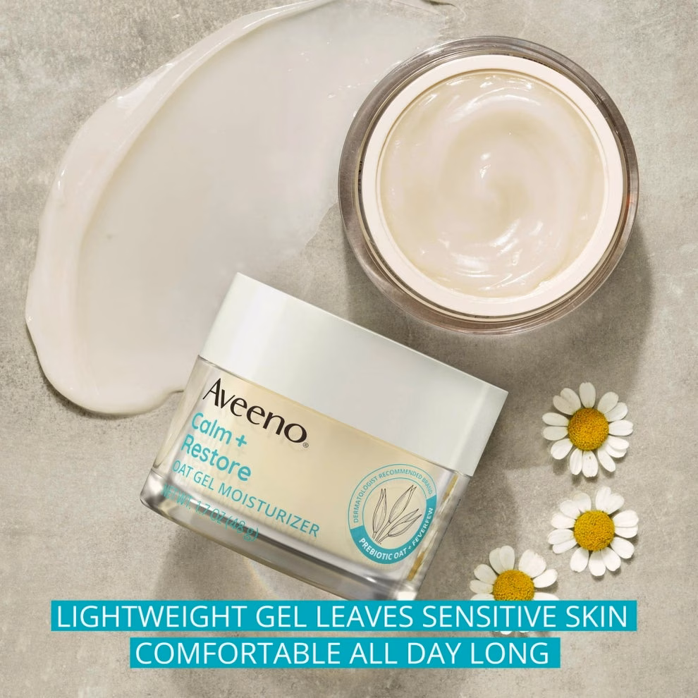 Aveeno Calm + Restore Oat Gel Moisturizer jars on a surface, with chamomile flowers and product texture visible; message highlights lightweight, soothing benefits