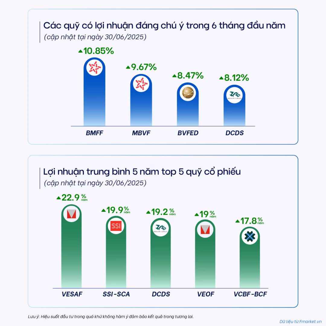 Quỹ mở tại Việt Nam đạt hiệu suất ấn tượng trong nửa đầu năm 2025 Lợi nhuận quỹ cổ phiếu 6 tháng đầu năm 2025 theo dữ liệu từ Fmarket