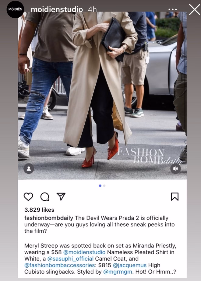 Meryl Streep gây sốt với diện mạo thời trang trong phim mới, khoe outfit từ thương hiệu Việt Môi Điên chia sẻ bài đăng của một tài khoản bóc tách thời trang phim như 1 động thái ngầm xác nhận.