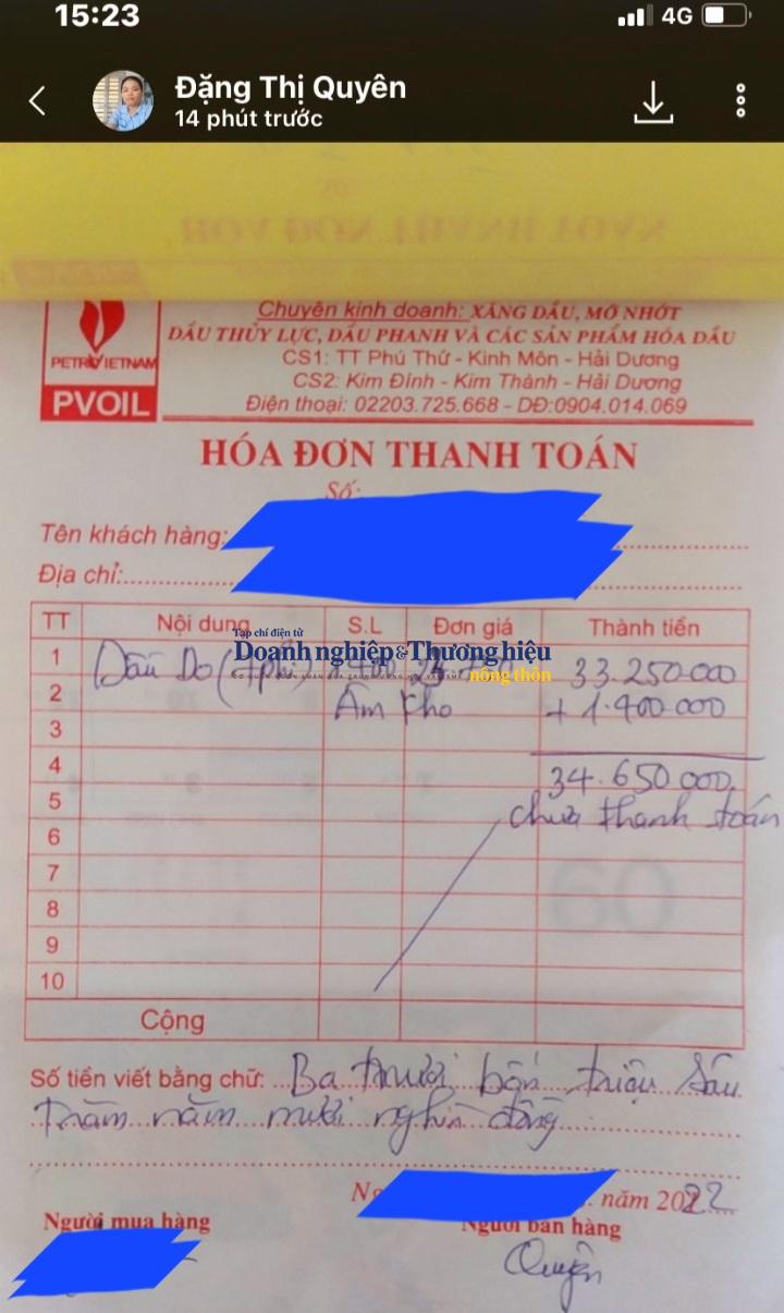 Hoá đơn ghi rõ âm kho 1.400.000đ cho 1.400 lít dầu DO. Tức là cứ mỗi lít dầu DO đã bị chênh 1.000đ