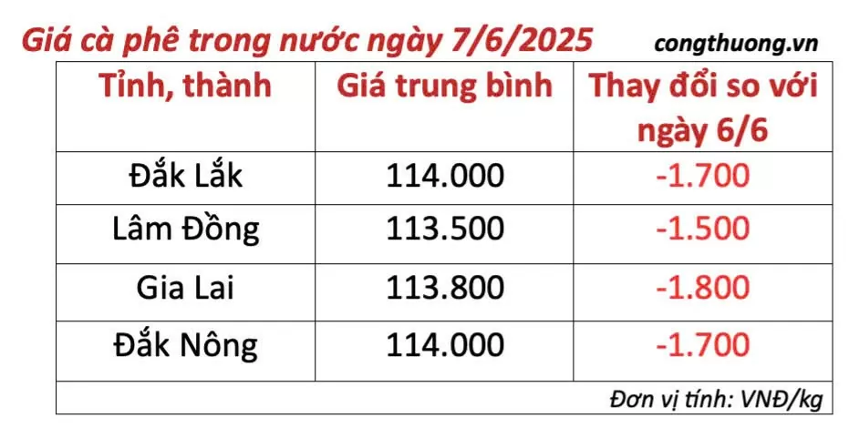 Bảng giá cà phê cập nhật chiều 7/6/2025 Bảng giá cà phê trong nước