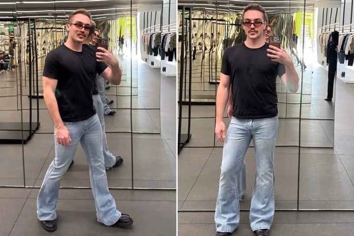 Newman Parker thử quần jeans ống loe tại một cửa hàng Celine Newman Parker thử quần jeans ống loe tại một cửa hàng Celine