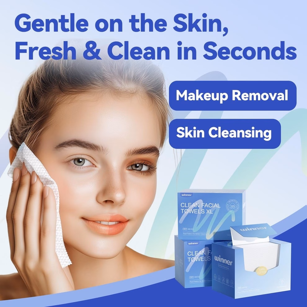 3 Sản Phẩm Chăm Sóc Da Giảm Đỏ Và Làm Mịn Da Hiệu Quả Woman using facial towel; text highlights makeup removal and skin cleansing benefits of the product. Boxes of facial towels displayed