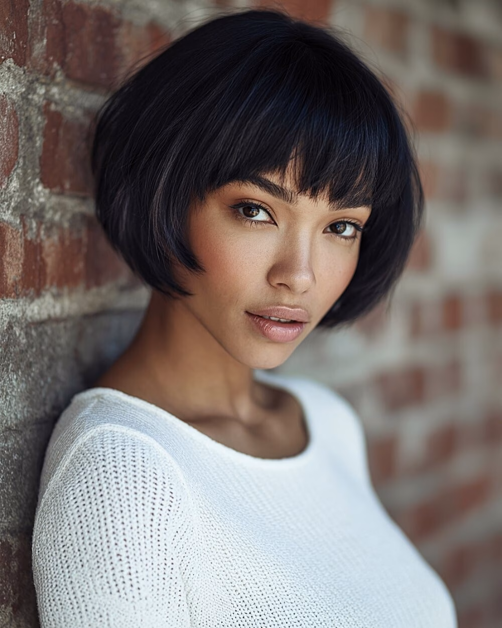 Cắt tóc ngắn với mái bàng – Phong cách mới cho khuôn mặt bạn Jet black pixie cut with long textured side bangs styled sleek on thick hair