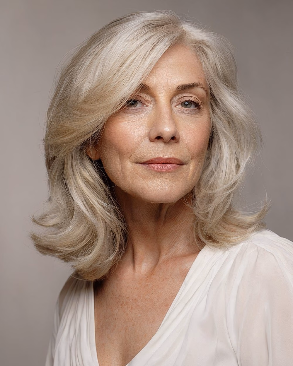 Cắt tóc레이어를edium giúp phụ nữ trên 60 tuổi trẻ trung và dễ chăm sóc Layerelle medium haircut with rounded layers and volume on silver-blonde hair