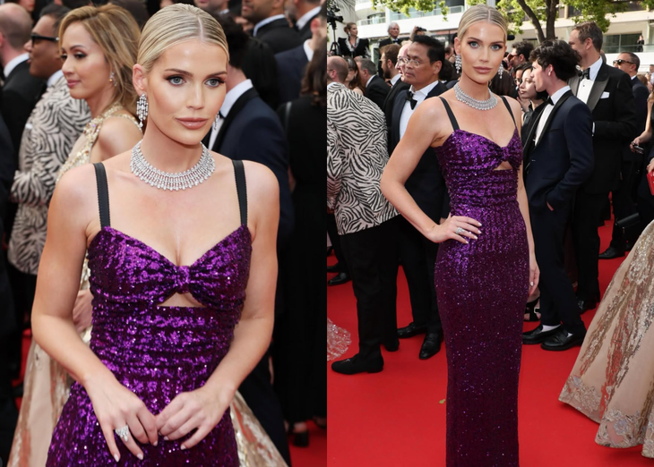 Cuộc sống của Kitty Spencer, cháu gái Công nương Diana qua ống kính người mẫu Kitty Spencer thu hút sự chú ý ở Liên hoan phim Cannes vào ngày 22-5. Xuất hiện tại buổi công chiếu phim "La Venue De L’avenir", tiểu thư nước Anh chọn cho mình chiếc đầm tím lấp lánh của Dolce & Gabbana, được đính hàng trăm viên sequin. Hoàn thiện diện mạo là bộ trang sức kim cương sang trọng, giúp cô tỏa sáng theo đúng nghĩa đen giữa rừng sao Cannes - Ảnh: IGNV