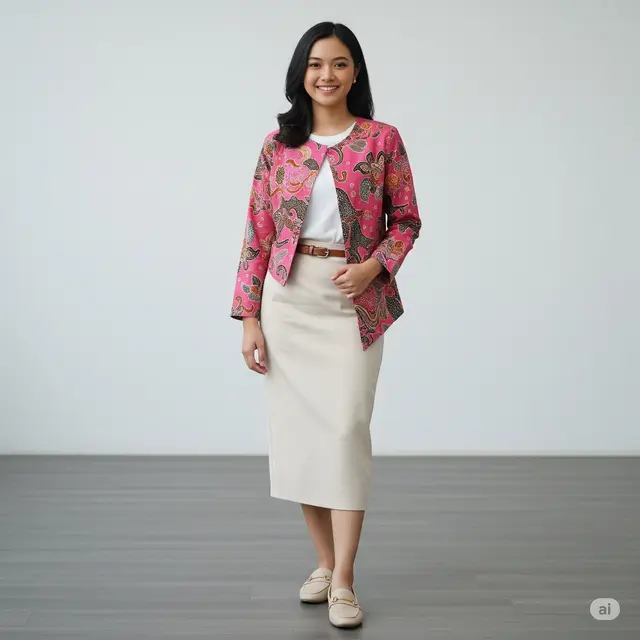 7 Mẫu Blazer Batik Modern nâng tầm phong cách của bạn Gaya Mix & Match Blazer Crop Top Batik Pink Pastel. Foto: Gemini