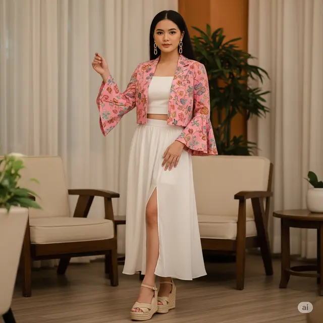 7 Mẫu Blazer Batik Modern nâng tầm phong cách của bạn Gaya Mix & Match Blazer Crop Top Batik Pink Pastel. Foto: Gemini