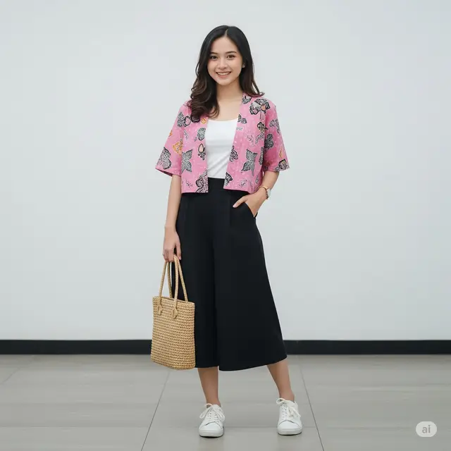 7 Mẫu Blazer Batik Modern nâng tầm phong cách của bạn Gaya Mix & Match Blazer Crop Top Batik Pink Pastel. Foto: Gemini