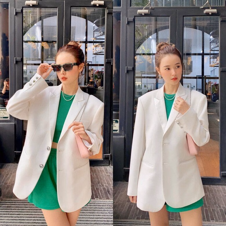 Muốn khoe vóc dáng mảnh mai và gọn gàng, chị em có thể học Midu cách diện áo vest hoặc blazer với quần/váy ngắn.