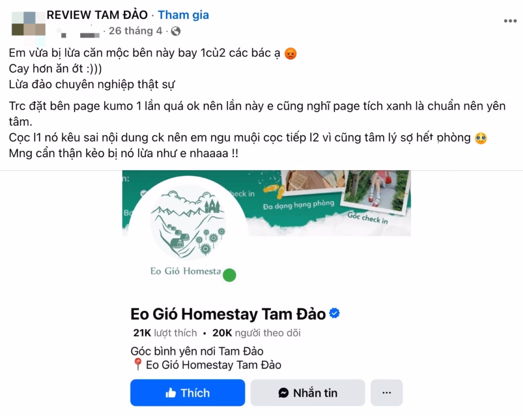 Bị lừa 5,5 triệu đồng vì đặt phòng qua fanpage có ‘tick xanh’ trên Facebook Nhiều đơn vị lưu trú có tiếng bị mạo danh (Ảnh: Chụp màn hình).