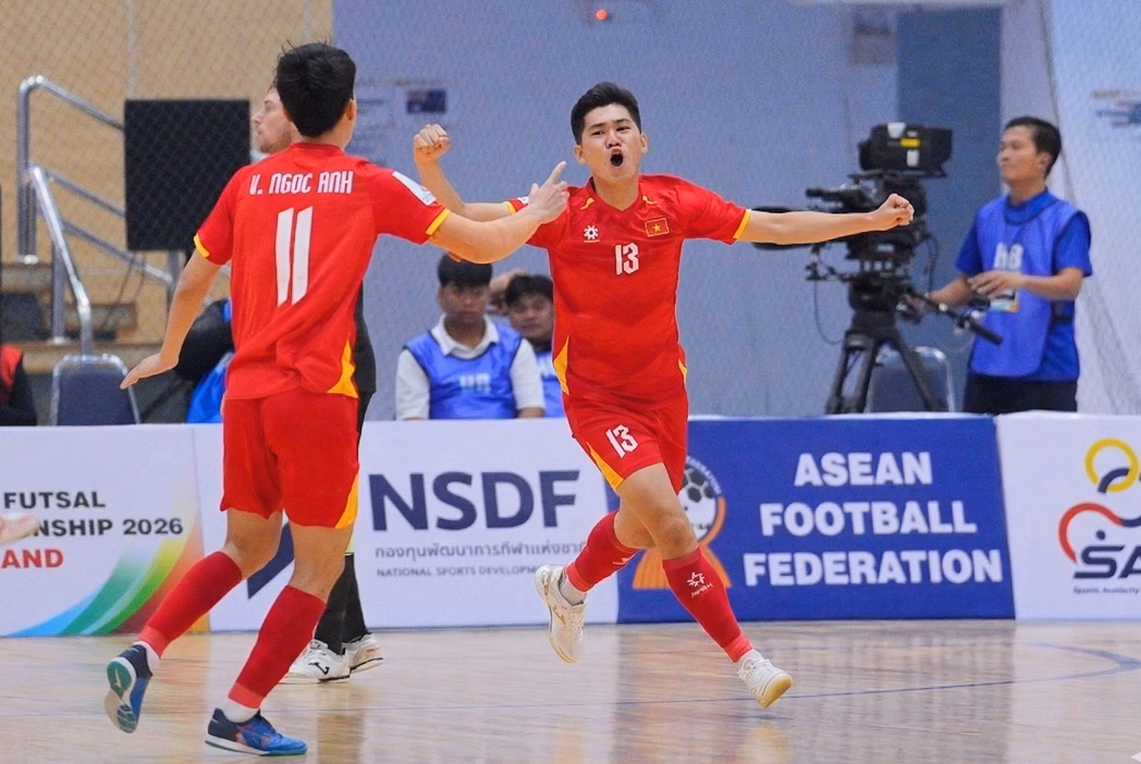 Các cầu thủ futsal Việt Nam ăn mừng chiến thắng 4-0 trước Australia tại Giải vô địch Đông Nam Á 2026.