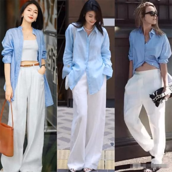 Áo sơ mi xanh kết hợp quần trắng