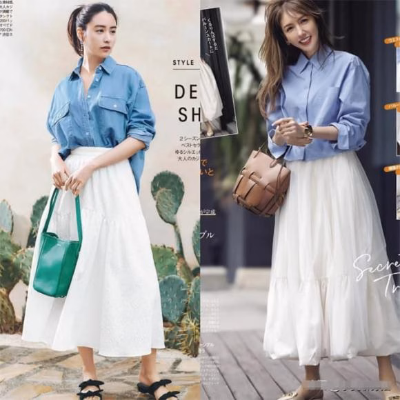 Áo sơ mi xanh kết hợp chân váy trắng