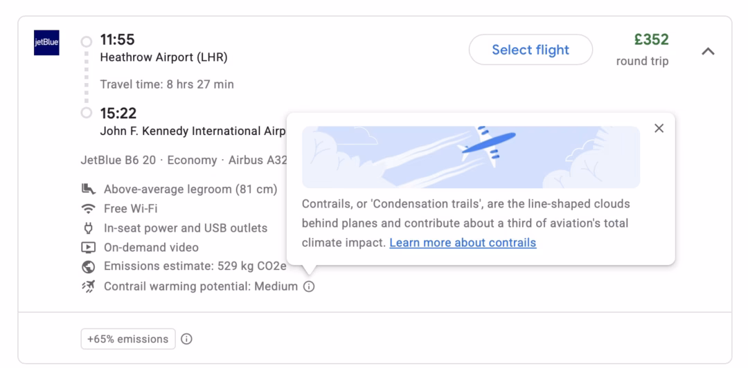 Hiển thị mức độ rủi ro của vệt khí thải trên Google Flights (Ảnh: Google Research)