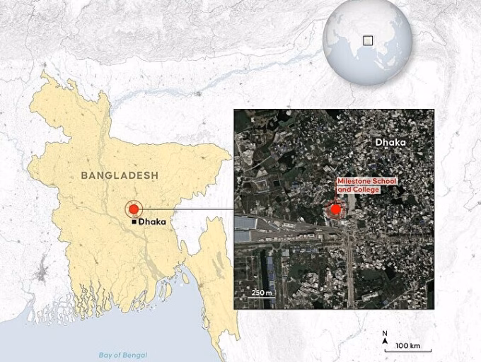 Máy bay chiến đấu rơi ở Bangladesh, 20 người chết Vị trí máy bay rơi ở Dhaka. Ảnh: Anadolu Agency
