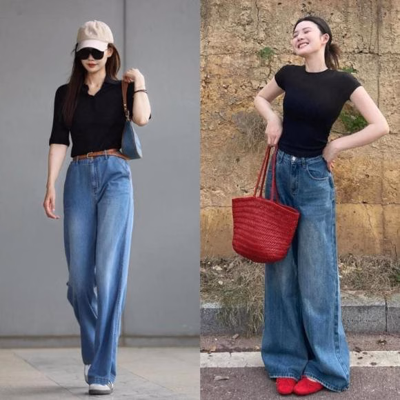 Áo ngắn màu đen kết hợp với quần ống rộng Áo ngắn màu đen kết hợp với quần ống rộng