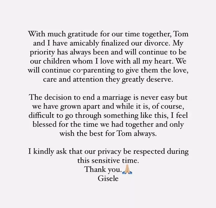 Cách người nổi tiếng xử lý ly hôn: Chiến lược và truyền thông Gisele Bündchen announced that she and Tom Brady are divorcing on her Instagram story in Oct. 2022. (Photo: Instagram via Gisele)