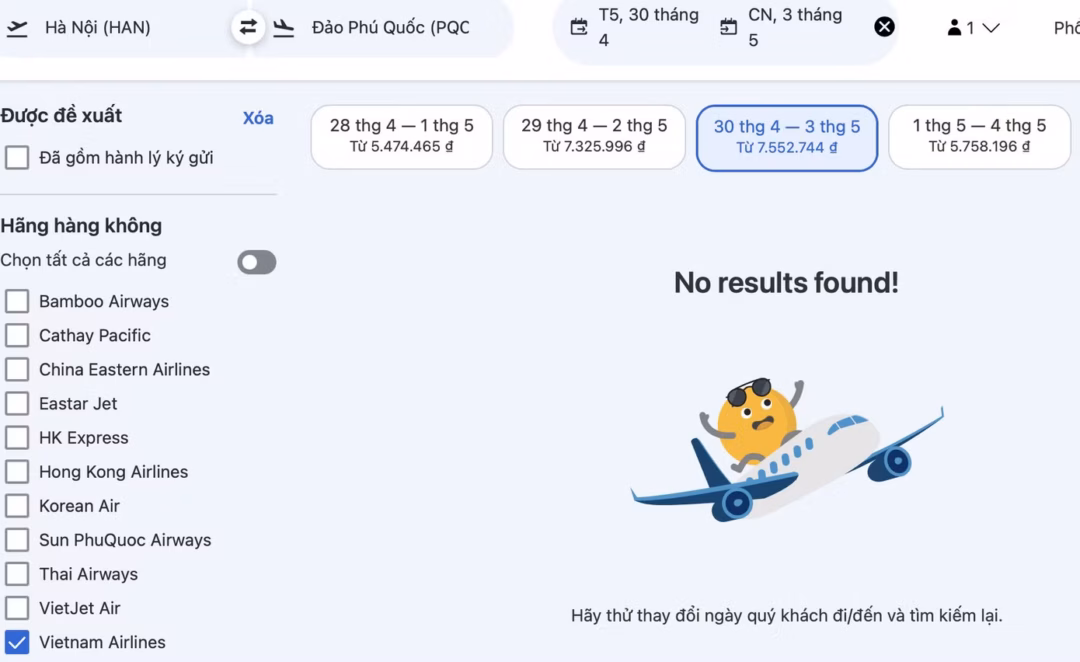 Bảng gi&aacute; v&eacute; m&aacute;y bay chặng H&agrave; Nội - Ph&uacute; Quốc dịp lễ 30/4 tăng cao v&agrave; khan hiếm chỗ