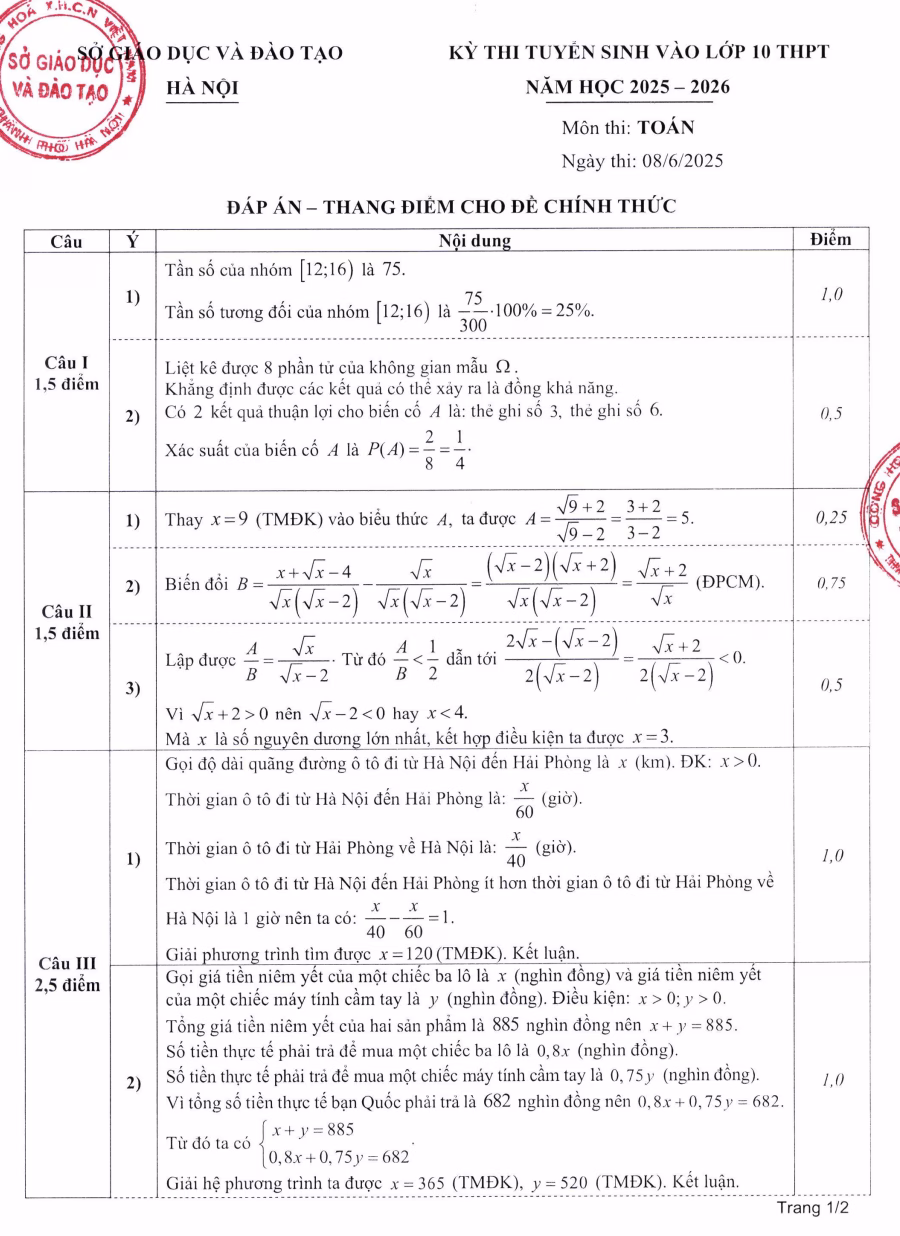 Đáp án môn Toán thi vào lớp 10 Hà Nội 2025 trang 3 Đáp án môn Toán thi vào lớp 10 Hà Nội 2025 trang 3
