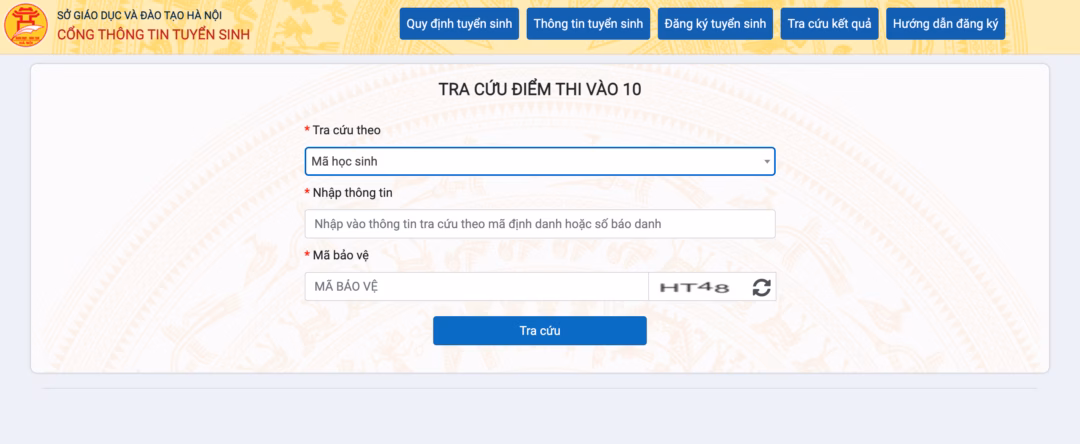 Tra cứu điểm thi lớp 10 Hà Nội Tra cứu điểm thi lớp 10 THPT trên trang thông tin của Sở GD&ĐT Hà Nội.