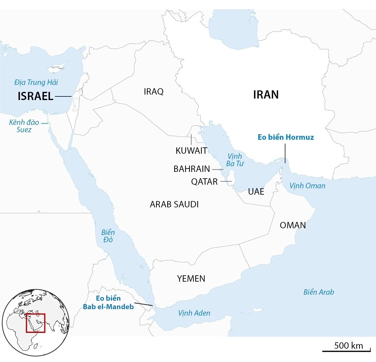 Bản đồ vị tr&iacute; chiến lược eo biển Hormuz, vịnh Ba Tư v&agrave; vịnh Oman