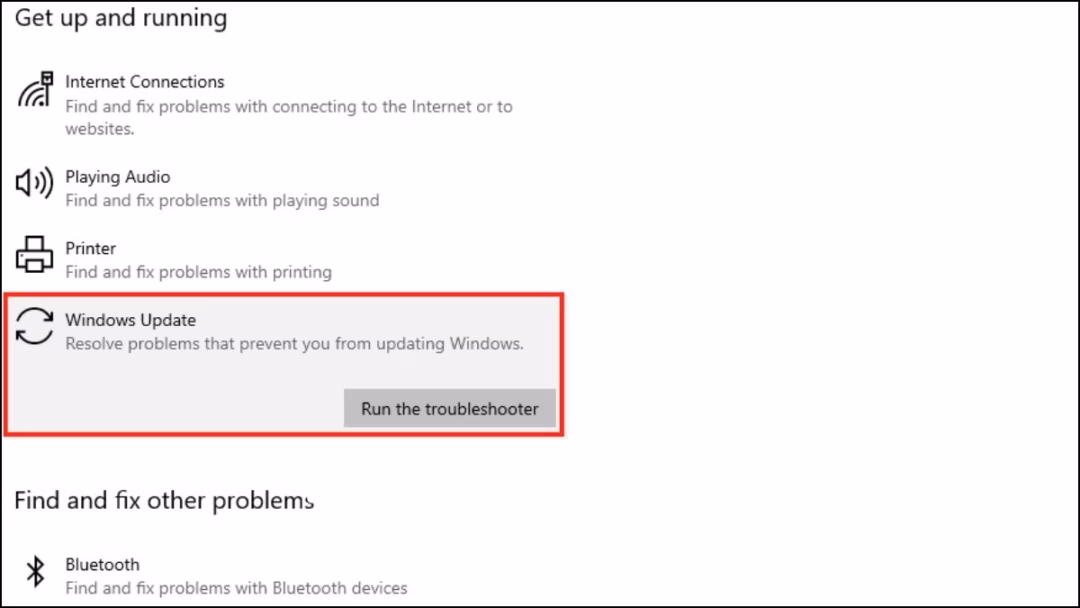 Chọn Windows Update và nhấp vào Run the troubleshooter