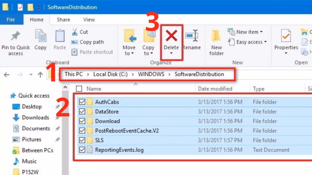 Vào This PC hoặc ổ đĩa C, tìm thư mục SoftwareDistribution, chọn và Delete tất cả các tệp