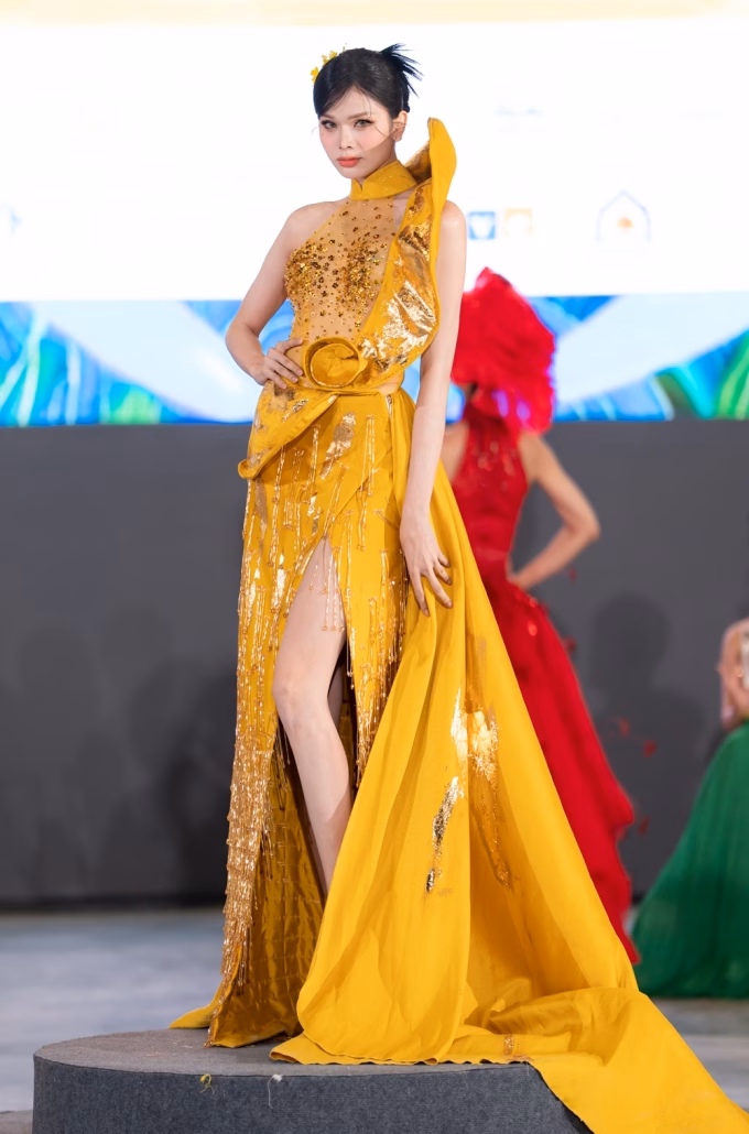 Hoa hậu chuyển giới Hà Tâm Như trình diễn áo dài "Rạng đông kim tuyến" của nhà mốt Hương Queen.