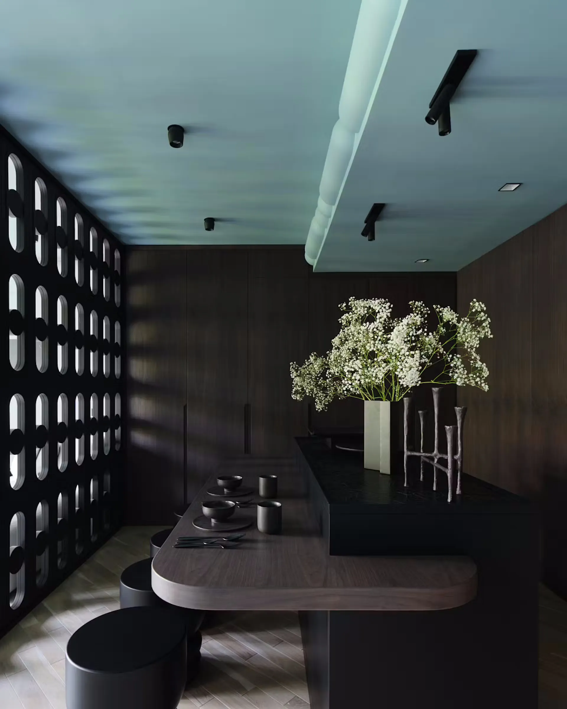 Thiết kế bếp hiện đại Hốc bếp ẩn và quầy bar nhỏ
