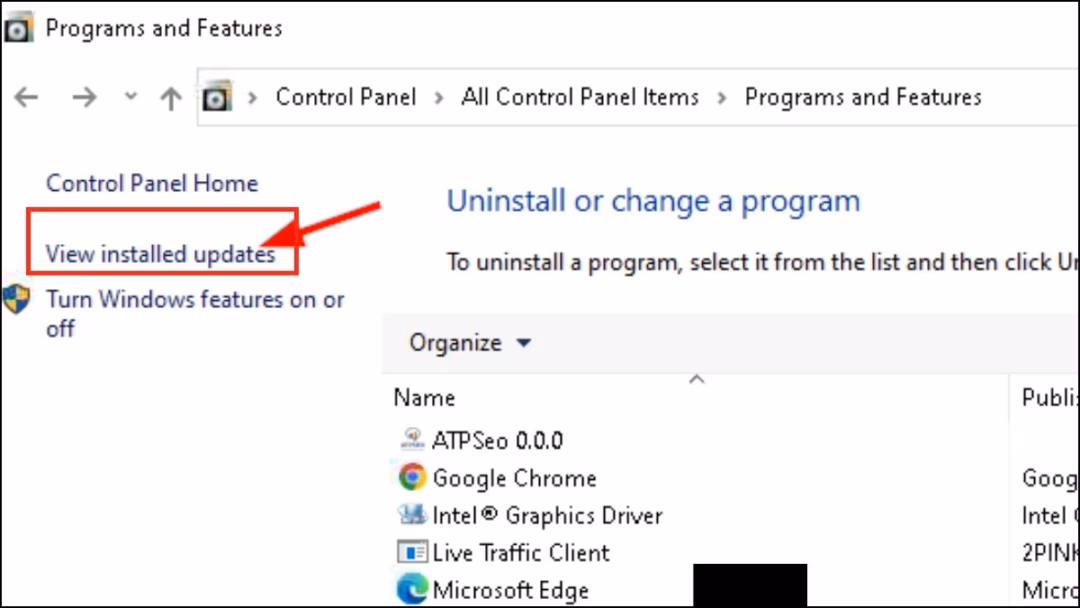 Chọn View installed updates từ menu bên trái