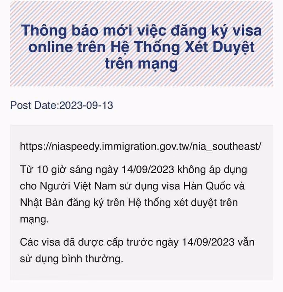Thông báo ngừng cấp E-visa trên website của Văn phòng kinh tế và văn hóa Đài Bắc tại Việt Nam Thông báo ngừng cấp E-visa trên website của Văn phòng kinh tế và văn hóa Đài Bắc tại Việt Nam