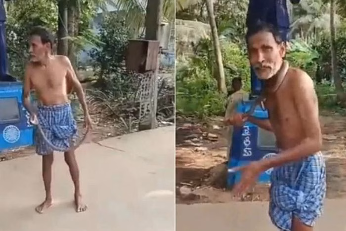 Người đ&agrave;n &ocirc;ng quấn rắn hổ mang quanh cổ trong video tại Konaseema, Ấn Độ