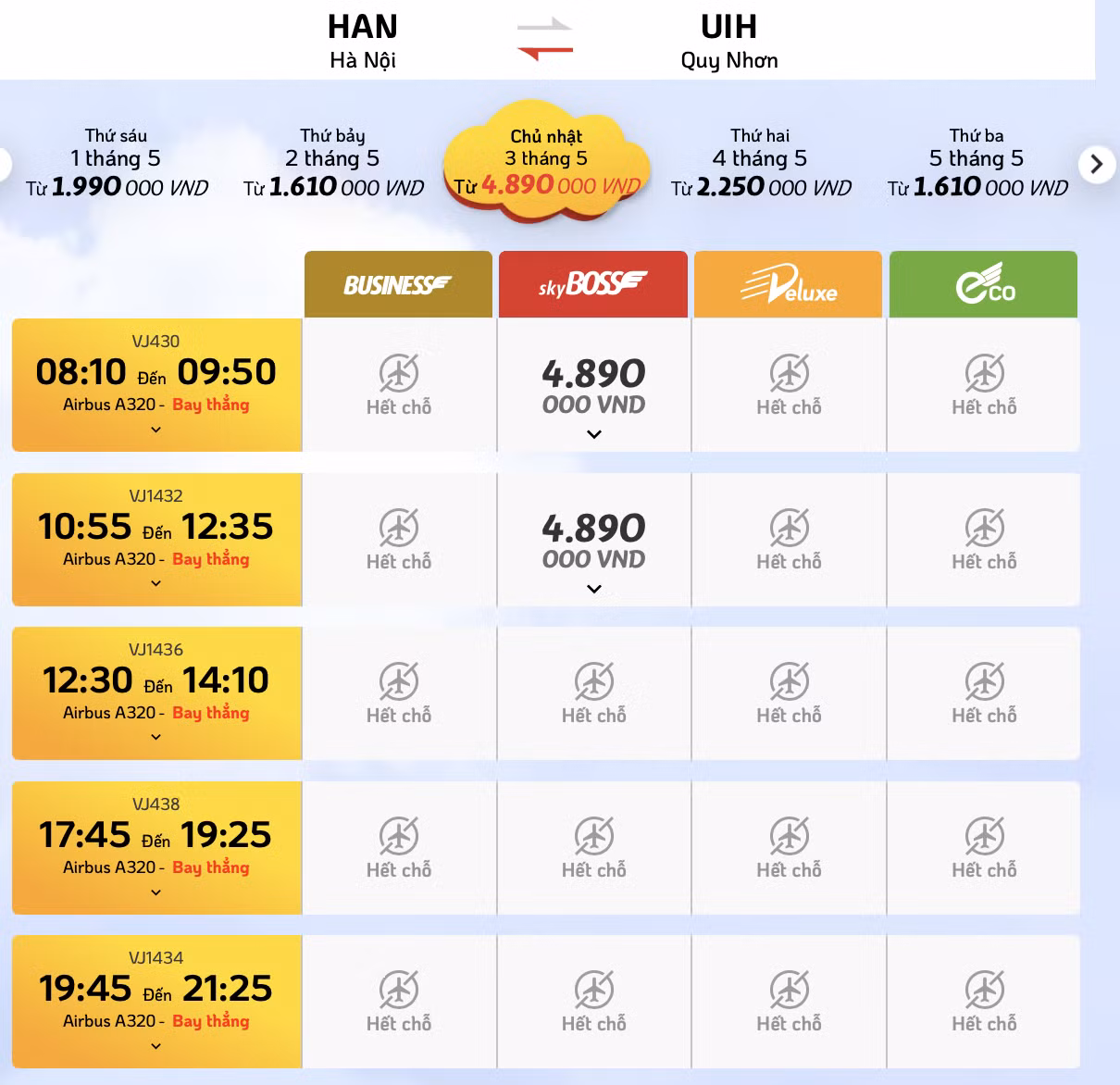 H&agrave;nh kh&aacute;ch chỉ c&ograve;n lựa chọn v&eacute; SkyBoss gi&aacute; cao cho chặng Quy Nhơn - H&agrave; Nội