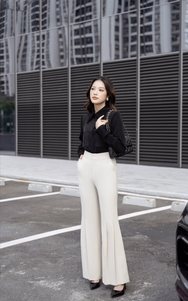 Quần ống loe cạp cao xếp ly Quần ống loe cạp cao xếp ly kết hợp áo sơ mi lụa