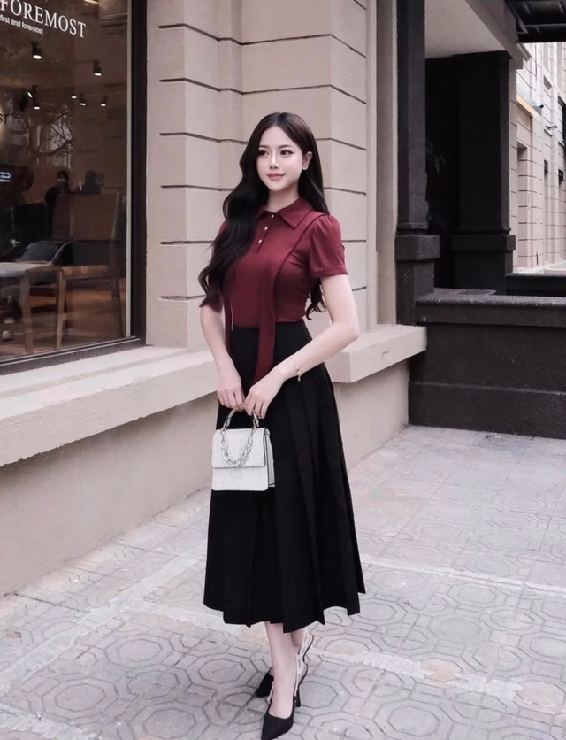 Áo kiểu điệu đà với chân váy dài xếp ly