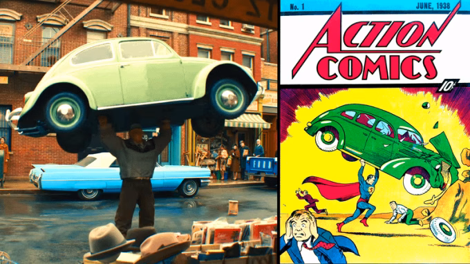 Cảnh trong phim "The Fantastic Four: First Steps" (trái) và bìa truyện tranh "Action Comics #1". Ảnh: Marvel Studios/Marvel Comics